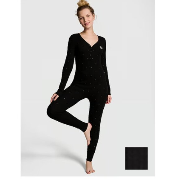 Victoria's Secret PINK- Black Jumpsuit Onesie Thermal Rhinestones Bling PJ NWT - Picture 1 of 15
